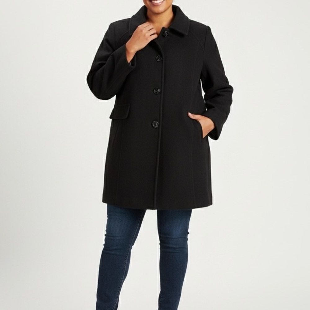 LONDON FOG Wool Blend Pea Coat Button Front Longline Jacket Solid Black 1X